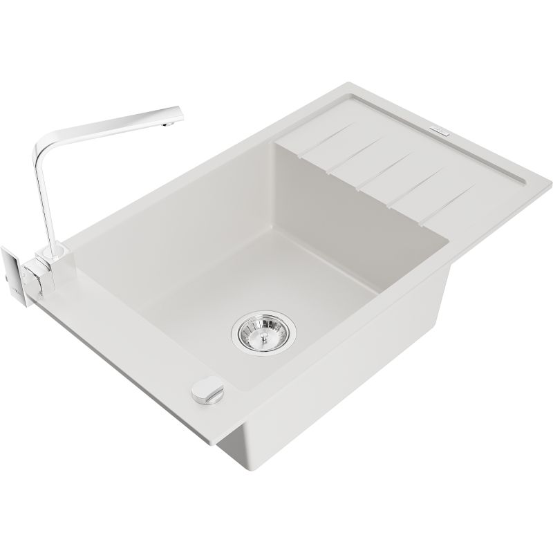 Zlewozmywak granitowy 1-komorowy Mexen Elias z ociekaczem i baterią kuchenną Rita biały 6511-20-670300-00
