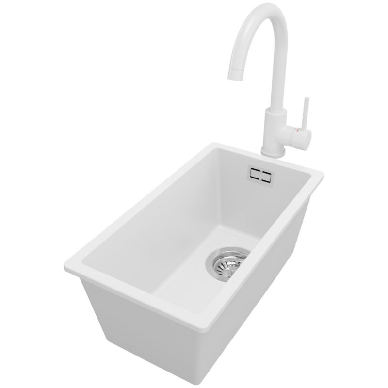 Zlewozmywak Granitowy Londyn Slim PRIMAGRAN Nablatowy 26x47cm do szafki od 30cm, Biały + Bateria 32x20cm + Syfon, S011, 1 szt.