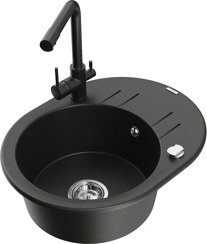 Zlewozmywak granitowy Mexen Kevin 1-komorowy z ociekaczem i baterią kuchenną Duero czarny/złoty 6517-75-671600-70