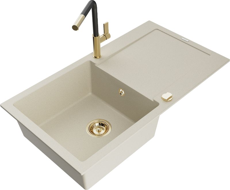 Zlewozmywak granitowy Mexen Leo 1-komorowy z ociekaczem i baterią kuchenną Flora beżowy - 6501-69-670401-07-B 1 szt.