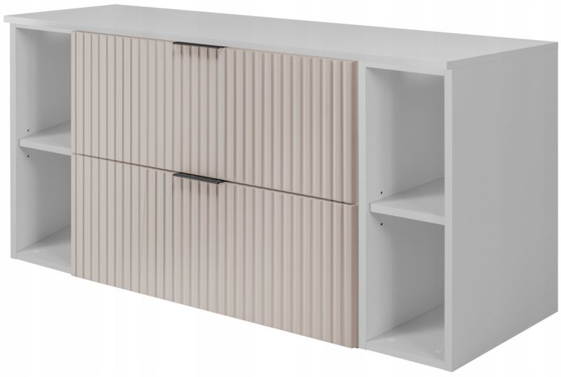 Szafka łazienkowa Furnidea 120 cm wisząca kaszmir z białym blatem i białymi regałami Flow 1 szt.