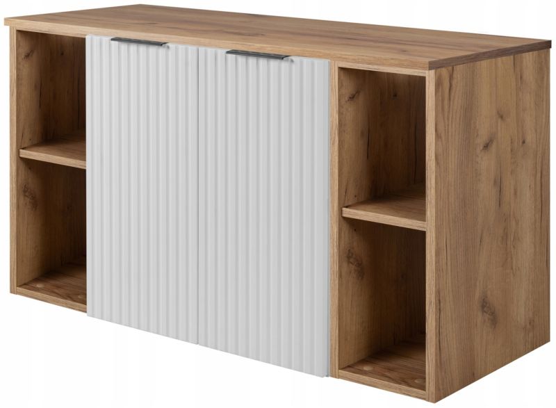 Szafka łazienkowa Furnidea 100 cm wisząca pod umywalkę biała z regałami i blatem dąb craft Flow 1 szt.