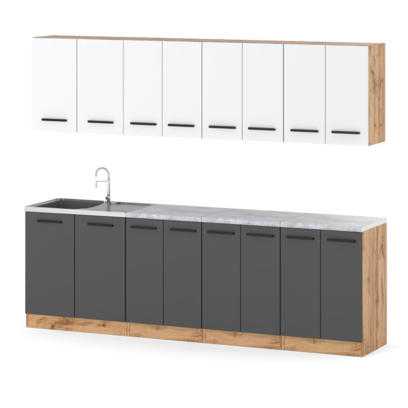 Zestaw Kuchenny Hurtownia-Mebli Z Blatem Kuchnia Vero 260cm Dąb Wotan Biały Mat/Szary Mat 260x47x145 cm 1szt.