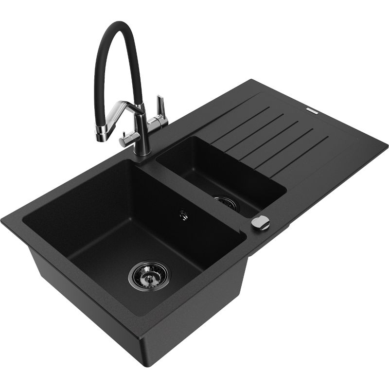 Zlewozmywak granitowy 1.5-komorowy Mexen Matias z ociekaczem i baterią kuchenną Duo czarny - 6502-77-671701-70-B 1 szt.