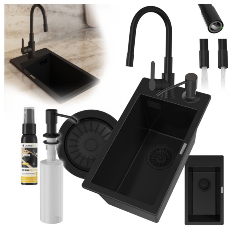 Zlewozmywak Granitowy Jednokomorowy Solo Zestaw Zlew Bateria Syfon Dozownik Granitan 1 szt.