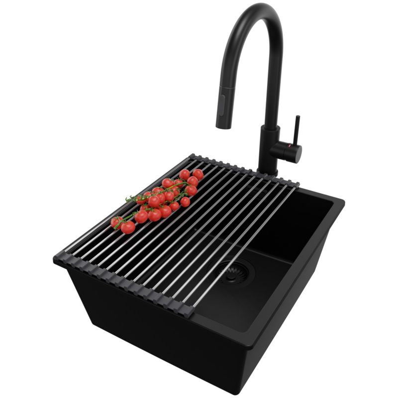 Zlewozmywak Granitowy Londyn Slim PRIMAGRAN Nablatowy 41x47cm do szafki od 45cm z Syfonem i Baterią i Dodatkiem Cały Czarny 1 szt.