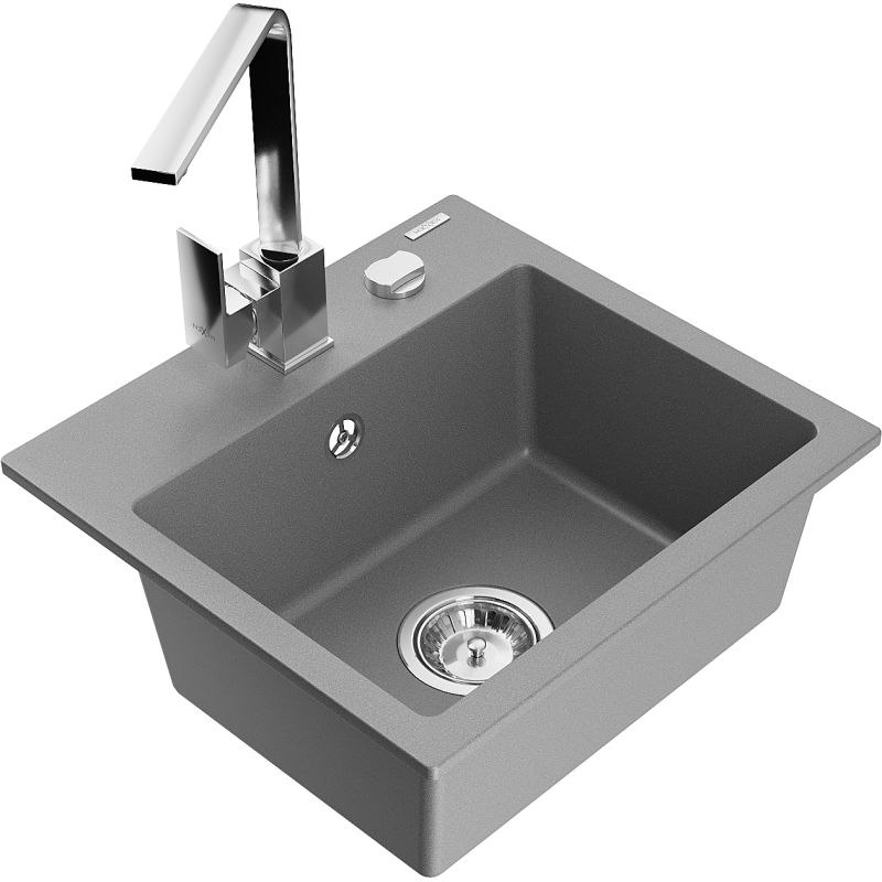 Zlewozmywak granitowy 1-komorowy Mexen Milo z baterią kuchenną Rita szary 6505-71-670300-00