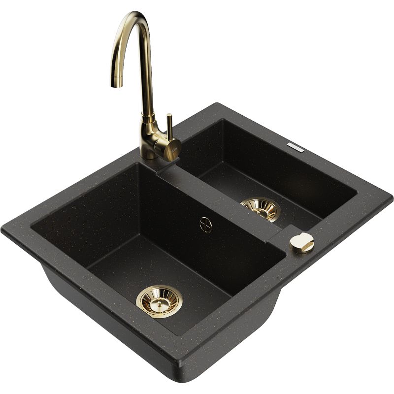 Zlewozmywak granitowy 1.5-komorowy Mexen Carlos z baterią kuchenną Telma czarny/złoty metalik 6518-75-670200-50