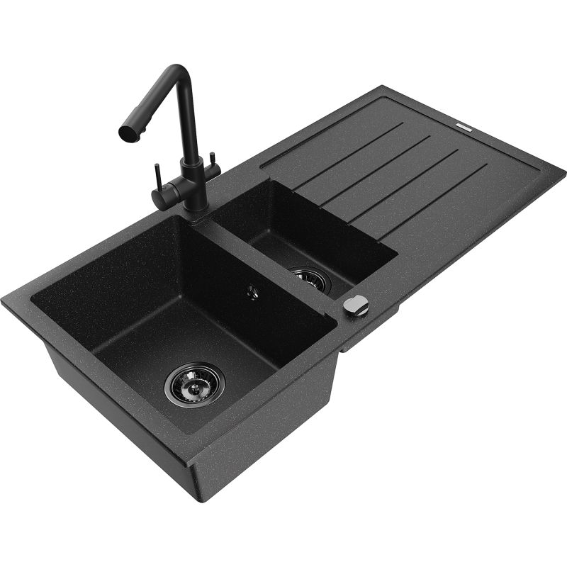 Zlewozmywak granitowy 1.5-komorowy Mexen Andres z ociekaczem i baterią kuchenną Duero czarny/złoty - 6515-75-671600-70 1 szt.