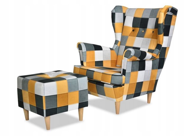 Fotel uszak do salonu z podnóżkiem Family Meble ARI PRINT kratka 1szt