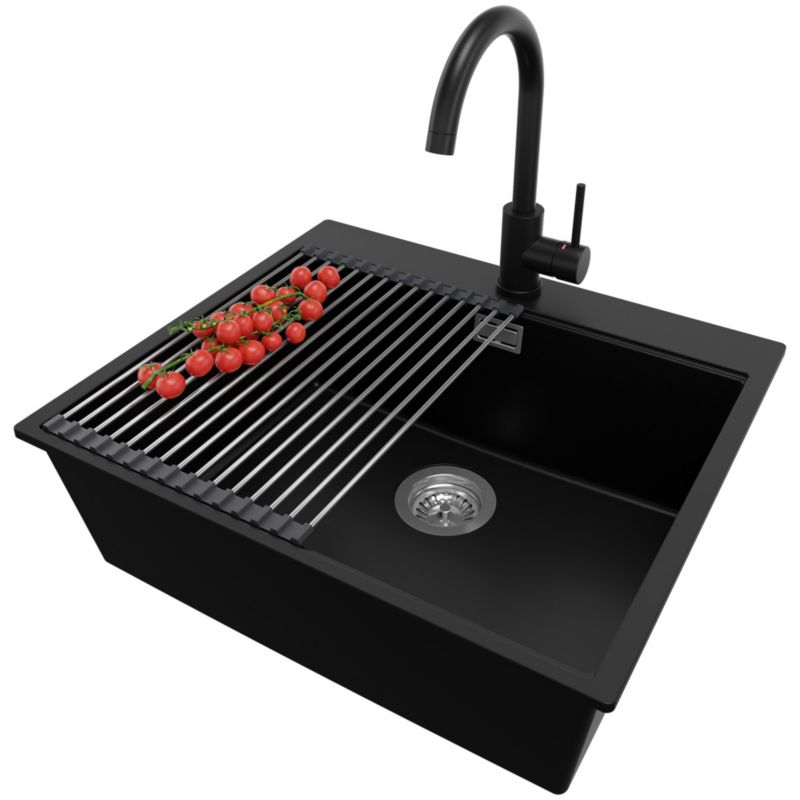 Zlewozmywak Granitowy Oslo PRIMAGRAN Nablatowy 58x50cm do szafki od 60cm z Syfonem i Baterią i Dodatkiem Czarny 1 szt.