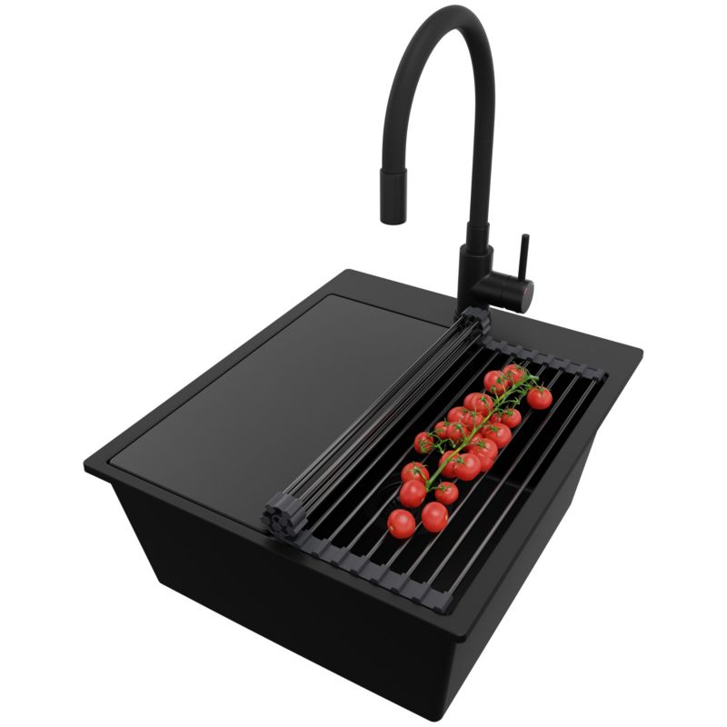 Zlewozmywak Granitowy Oslo PRIMAGRAN Nablatowy 43x50cm do szafki od 45cm z Syfonem i Baterią i Dodatkiem Cały Czarny 1 szt.