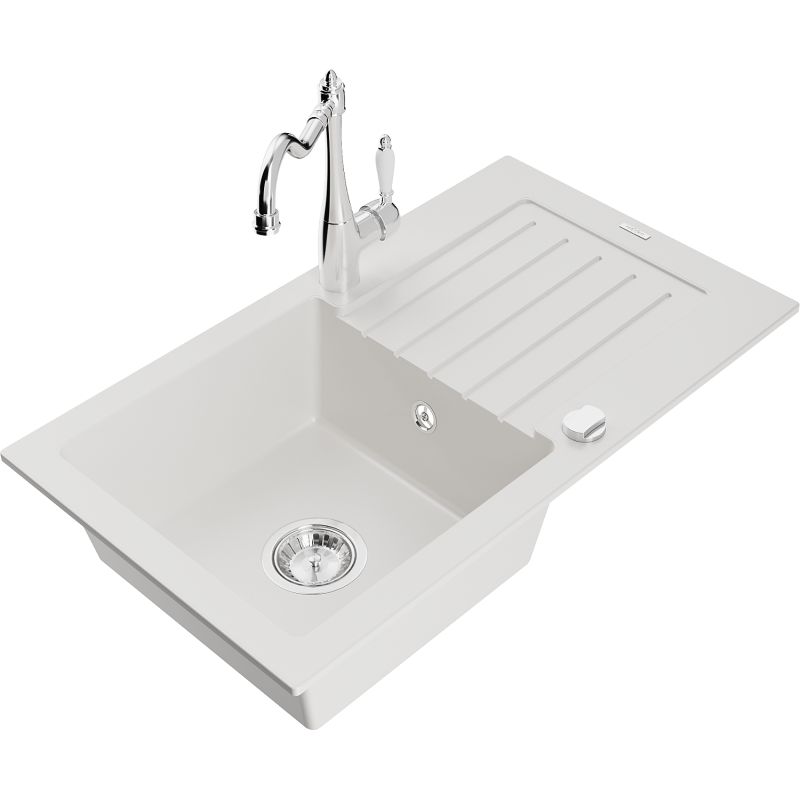 Zlewozmywak granitowy 1-komorowy Mexen Pablo z ociekaczem i baterią kuchenną Carla biały 6510-20-670700-00