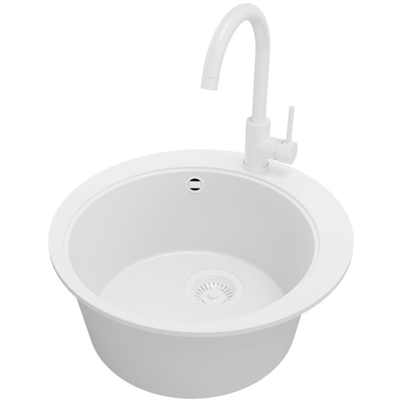 Zlewozmywak Granitowy Okrągły Piza PRIMAGRAN Nablatowy 50x50cm do szafki od 45cm z Syfonem i Baterią Cały Biały 1 szt.