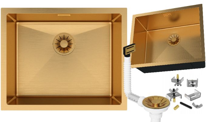 Zlewozmywak stalowy Jednokomorowy Granitan Silvo54 Podblatowy Kuchenny z syfonem Złoty LUX 1kpl.