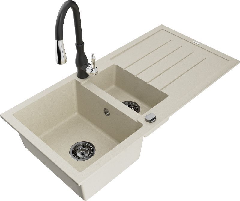 Zlewozmywak granitowy Mexen Andres 1,5-komorowy z ociekaczem i baterią kuchenną Savita biały - 6515-20-672601-70 1 szt.