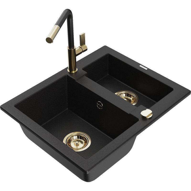 Zlewozmywak granitowy 1.5-komorowy Mexen Carlos z baterią kuchenną Flora czarny 6518-77-670401-57-G