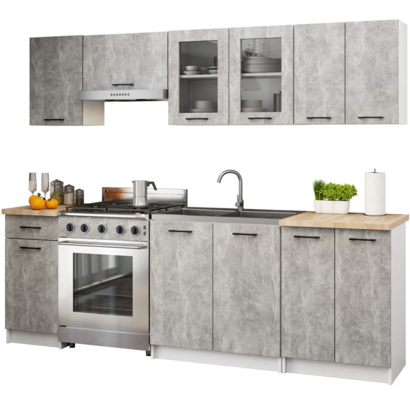 Zestaw kuchenny Akord Oliwia 2.4m Szary Beton 240 cm 11 drzwi 1 szuflada kolor Beton mat 12 półek 240x46x203 cm 1 zestaw