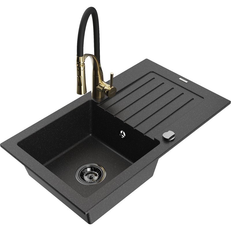 Zlewozmywak granitowy 1-komorowy Mexen Pablo z ociekaczem i baterią kuchenną Aster czarny/srebrny metalik 6510-73-73450-57-B