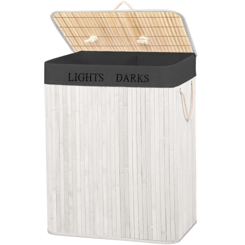 Kosz na pranie Springos bambusowy z pokrywą 105l dwukomorowy biały, szary 1 szt.