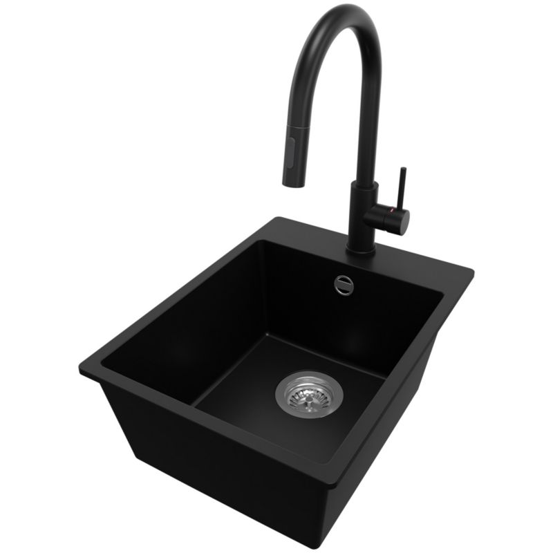 Zlewozmywak Granitowy Ryga PRIMAGRAN Nablatowy 38x50cm do szafki od 40cm, Czarny + Bateria 40x20cm + Syfon, S053, 1 szt.