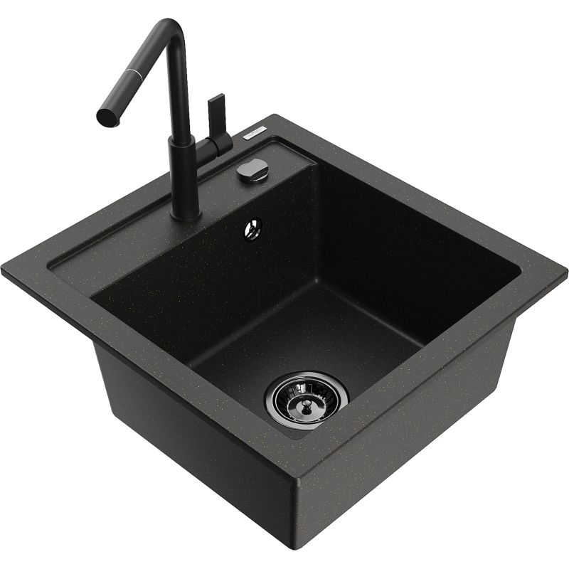 Zlewozmywak granitowy 1-komorowy Mexen Vito z baterią kuchenną Flora czarny/złoty metalik - 6503-75-670401-57-B 1 szt.