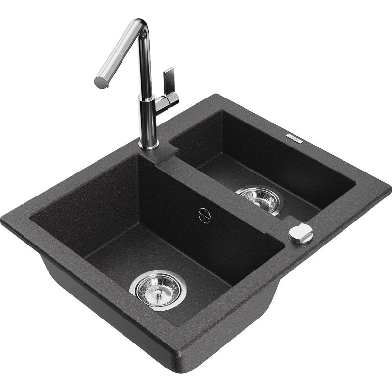 Zlewozmywak granitowy 1.5-komorowy Mexen Carlos z baterią kuchenną Flora czarny nakrapiany 6518-76-670401-00