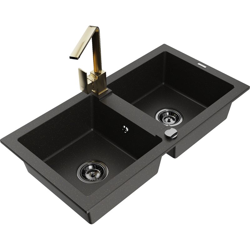 Zlewozmywak granitowy 2-komorowy Mexen Mario z baterią kuchenną Savita beżowy - 6504-69-672601-00 1 szt.