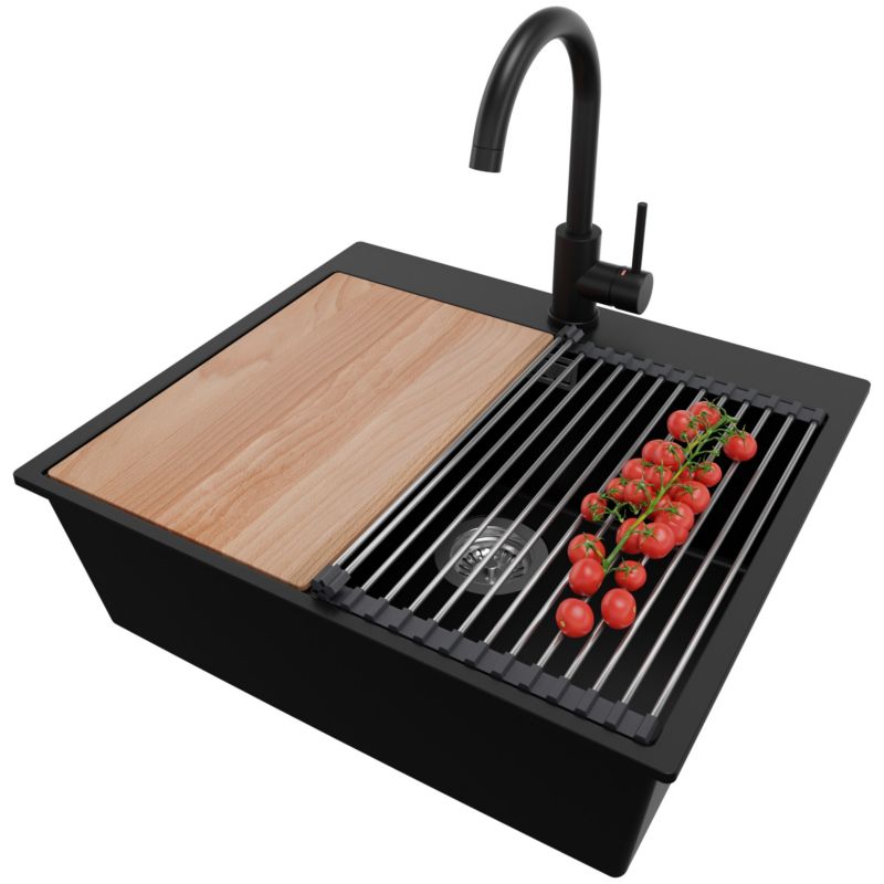 Zlewozmywak Granitowy Oslo PRIMAGRAN Nablatowy 58x50cm do szafki od 60cm z Syfonem i Baterią i Dodatkiem Czarny 1 szt.