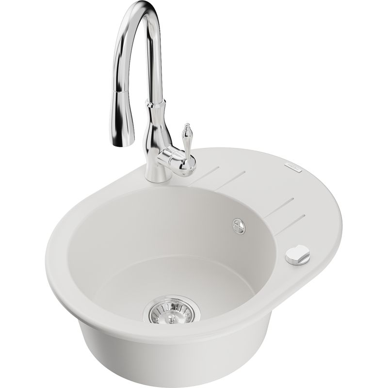 Zlewozmywak granitowy 1-komorowy Mexen Kevin z ociekaczem i baterią kuchenną Savita biały - 6517-20-672601-70 1 szt.