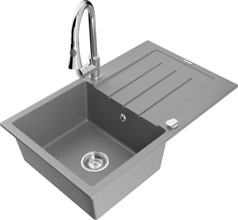 Zlewozmywak granitowy Mexen Bruno 1-komorowy z ociekaczem i baterią kuchenną Elia szary 6513-71-670101-00