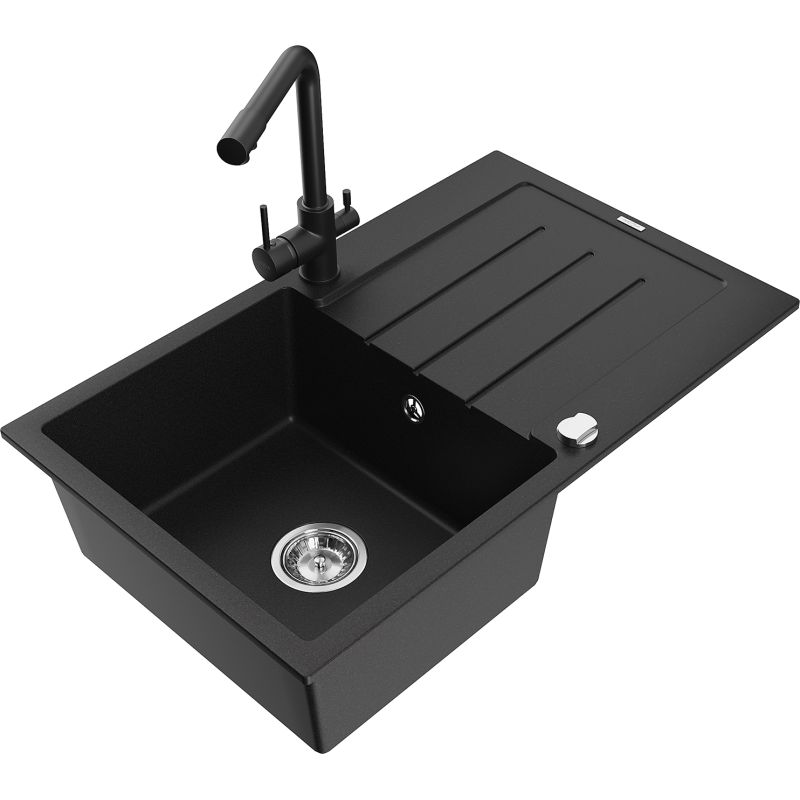 Zlewozmywak granitowy 1-komorowy Mexen Bruno z ociekaczem i baterią kuchenną Duero czarny nakrapiany - 6513-76-671600-76 1 szt.