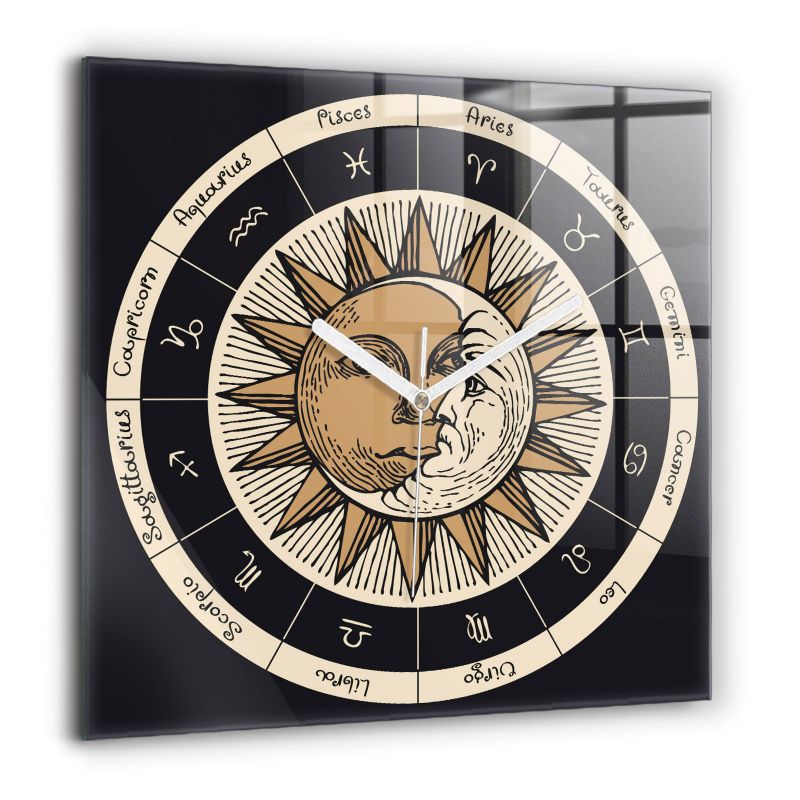Zegar szklany białe wskazówki Wallfluent 60x60 cm Słońce i zodiaki 1 szt.