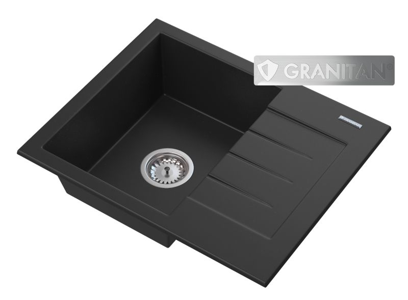 Zlewozmywak Granitowy z komorą lewą Granitan Milano z Ociekaczem i Syfonem Czarny 1kpl.