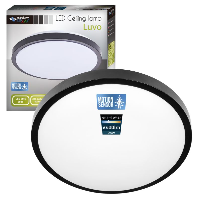 Plafon LED MasterLED Luvo 24W 32,5 cm IP44 neutralna biel 4000K czujnik ruchu okrągły czarny 1 szt.