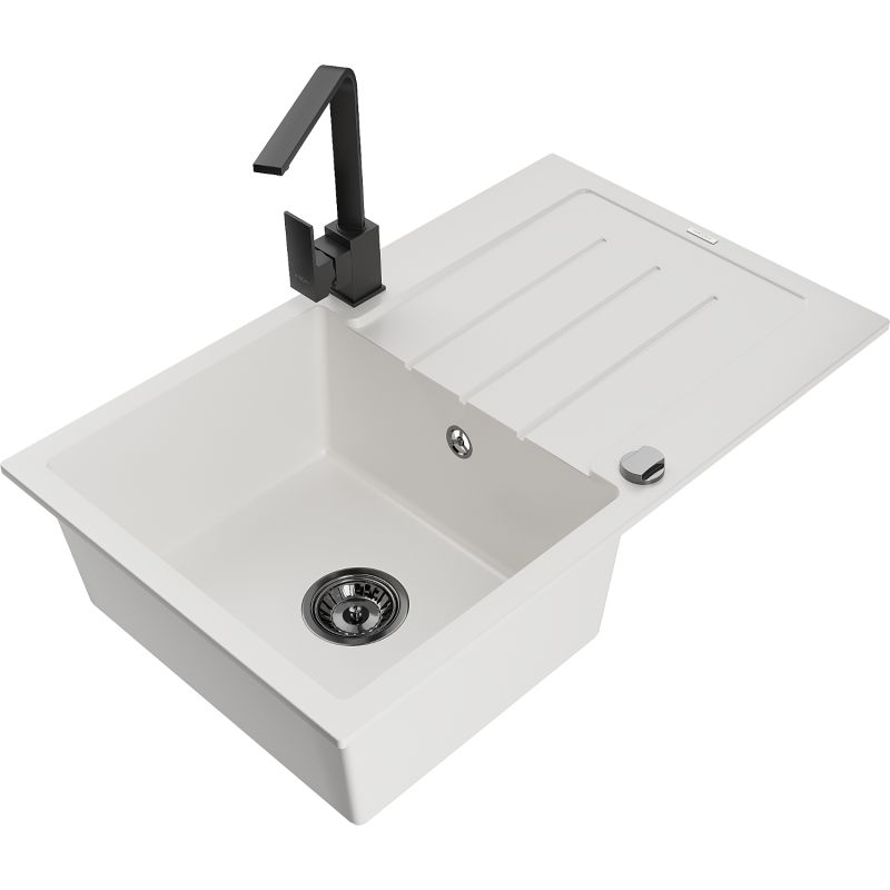 Zlewozmywak granitowy 1-komorowy Mexen Bruno z ociekaczem i baterią kuchenną Rita biały - 6513-20-670300-50 1 szt.