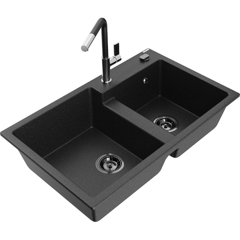 Zlewozmywak granitowy 2-komorowy Mexen Tomas z baterią kuchenną Flora czarny/srebrny metalik 6516-73-670401-07-B