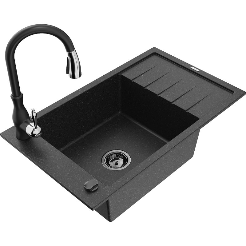 Zlewozmywak granitowy 1-komorowy Mexen Elias z ociekaczem i baterią kuchenną Savita czarny/srebrny metalik 6511-73-672601-70-B