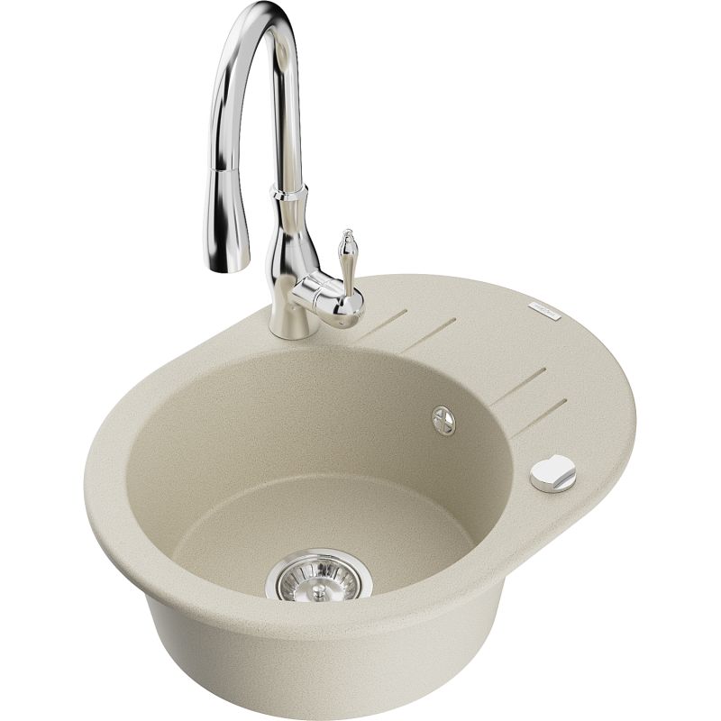 Zlewozmywak granitowy 1-komorowy Mexen Kevin z ociekaczem i baterią kuchenną Savita beżowy - 6517-69-672601-70 1 szt.