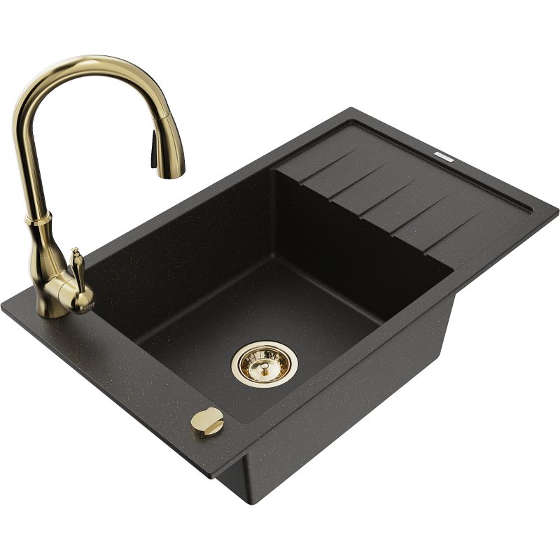 Zlewozmywak granitowy 1-komorowy Mexen Elias z ociekaczem i baterią kuchenną Savita czarny/złoty metalik 6511-75-672601-50