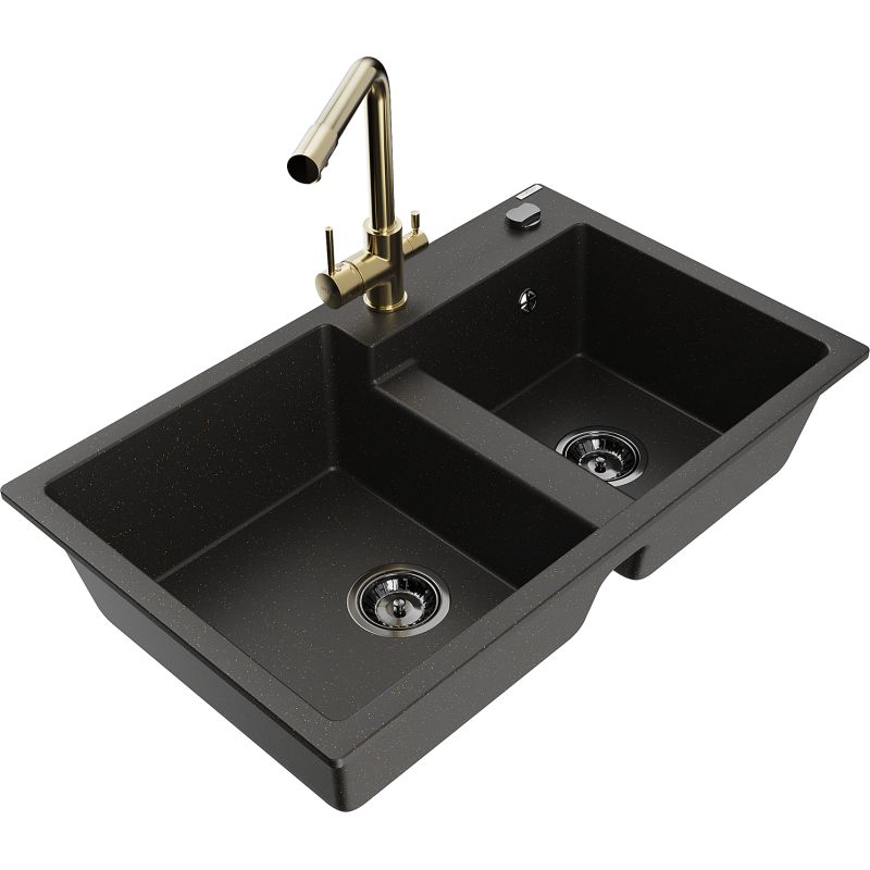 Zlewozmywak granitowy 2-komorowy Mexen Tomas z baterią kuchenną Duero czarny/złoty metalik 6516-75-671600-50-B