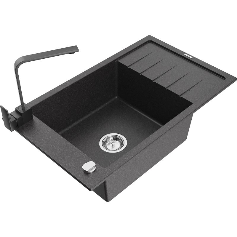 Zlewozmywak granitowy 1-komorowy Mexen Elias z ociekaczem i baterią Rita czarny/srebrny metalik - 6511-73-670300-70 1 szt.