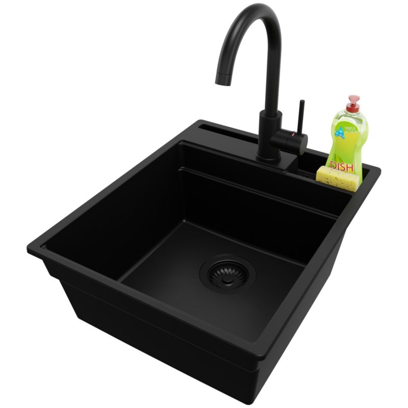 Zlewozmywak Granitowy Oslo Pocket PRIMAGRAN Nablatowy 43x53cm do szafki od 45cm z Syfonem i Baterią Cały Czarny 1 szt.