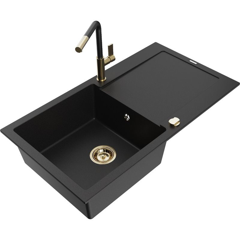 Zlewozmywak granitowy 1-komorowy Mexen Leo z ociekaczem i baterią kuchenną Flora czarny 6501-77-670401-57-G