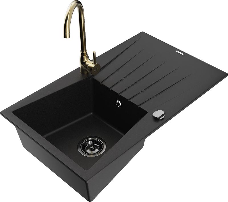 Zlewozmywak granitowy Mexen Cesar 1-komorowy z ociekaczem i baterią kuchenną Telma czarny - 6514-77-670200-70-B 1 szt.