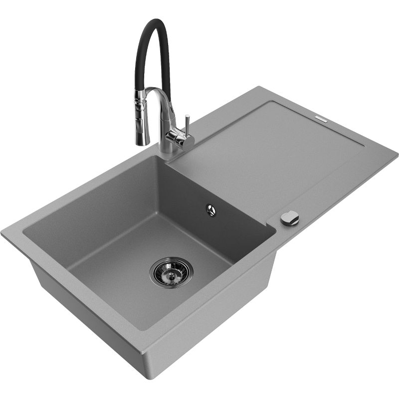 Zlewozmywak granitowy 1-komorowy Mexen Leo z ociekaczem i baterią kuchenną Aster szary 6501-71-73450-07-B