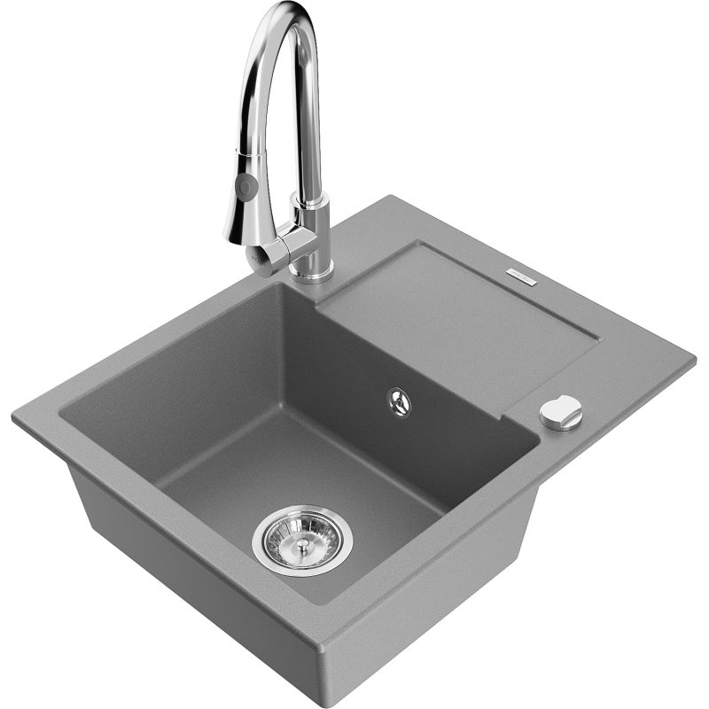 Zlewozmywak granitowy 1-komorowy Mexen Enzo z ociekaczem i baterią kuchenną Elia szary 6506-71-670101-00