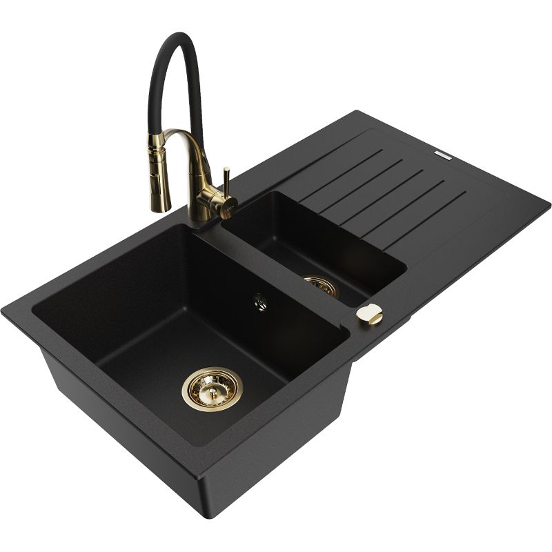 Zlewozmywak granitowy 1.5-komorowy Mexen Matias z ociekaczem i baterią kuchenną Aster czarny - 6502-77-73450-70-B 1 szt.