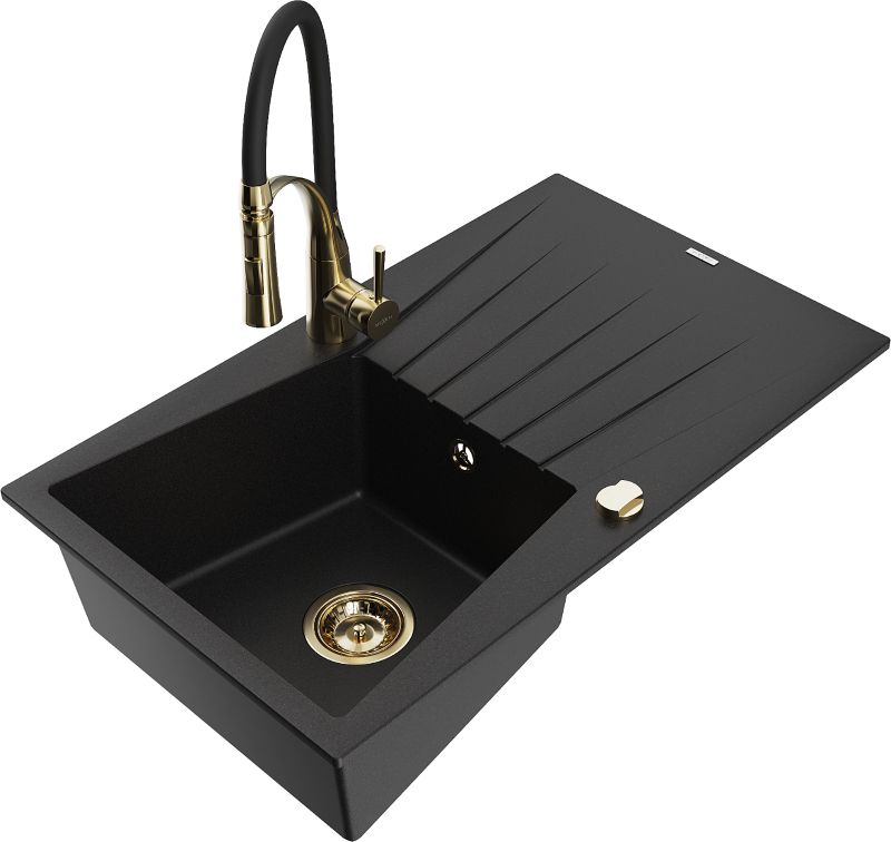 Zlewozmywak granitowy Mexen Cesar 1-komorowy z ociekaczem i baterią kuchenną Aster czarny - 6514-77-73450-07-B 1 szt.