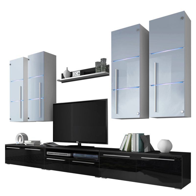 Meblościanka z oświetleniem LED MIRJAN 24 Bari czarny/czarny połysk + biały/biały połysk 1 kpl.